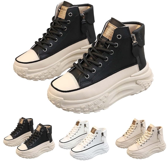 Dakaela Platform Sneakers for Women Lace Up Side Zipper High Top Leather Canvas Shoes Chunky Sole Memory Foam Tennis Casual Sneakers,Black 5.5