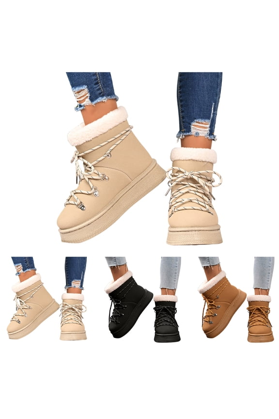 Platform Snow Boots for Women Suede Lace up Fall Winter Booties Fleece Lined Warm Mini Boot Outdoor Shoes Beige 9
