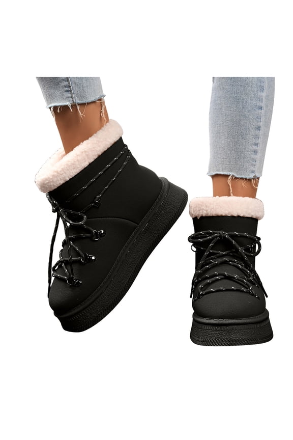 Platform Snow Boots for Women Suede Lace up Fall Winter Booties Fleece Lined Warm Mini Boot Outdoor Shoes Black 6.5