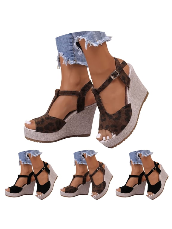 Platform Wedge Sandals Women T Strap Leopard Suede 3.94 Inch High Heels Comfortable Summer Slip on Espadrille Shoes Size 9.5