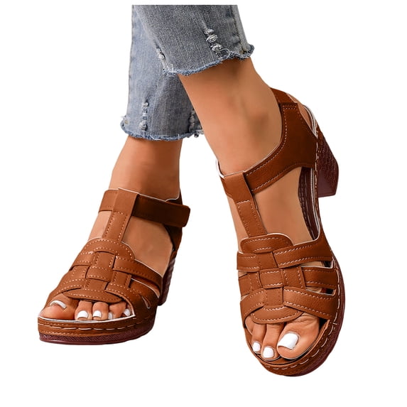 Dakaela Platform Wedge Sandals for Women 2026 Dressy Summer Ankle Strap Open Toe Hollow out Floral Work Office Comfortable Dress Shoes Brown Size 8