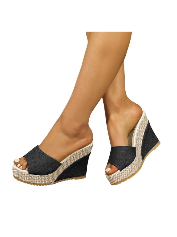 Platform Wedge Sandals for Women Denim Slip on Dress Slides Comfortable Summer Beach Shoes