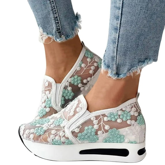 Dakaela Platform Wedge Sneakers for Women Fashion Embroidery Mesh High Heels Slip on Loafers Green 6.5