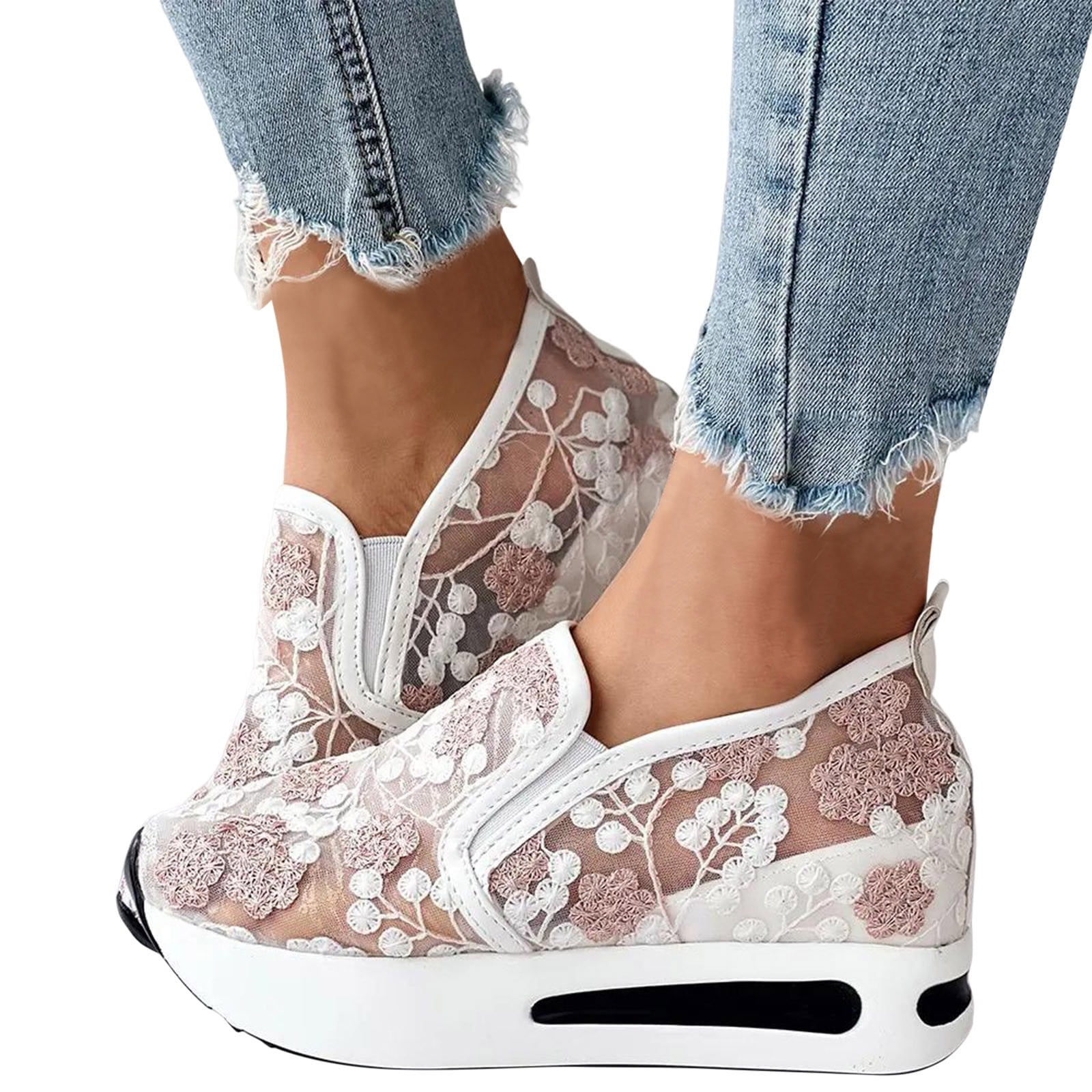 Dakaela Platform Wedge Sneakers for Women Fashion Embroidery Mesh High Heels Slip on Loafers Pink 7.5