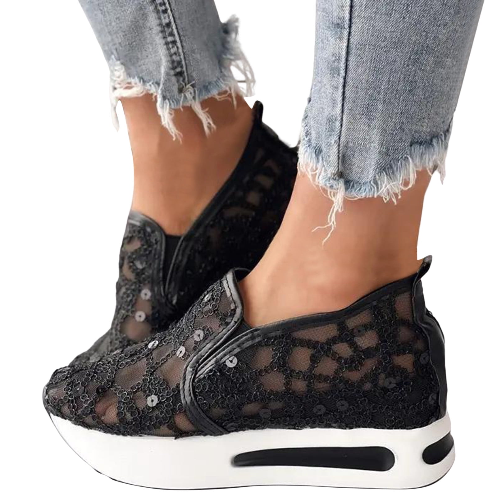 Dakaela Platform Wedge Sneakers for Women Hidden High Heels Slip on Loafers Walking Work Shoes Black 7