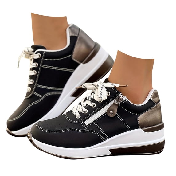 Dakaela Platform Wedge Sneakers for Women Leather Upper Fashion Casual Lace up Low Top Walking Shoes with Arch Support,Black Size 5.5