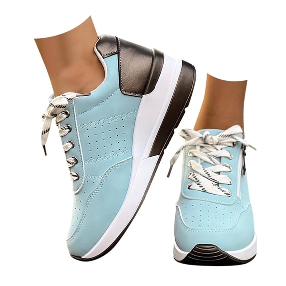Dakaela Platform Wedge Sneakers for Women Leather Upper Fashion Casual Lace up Low Top Walking Shoes with Arch Support,Sky Blue Size 6.5