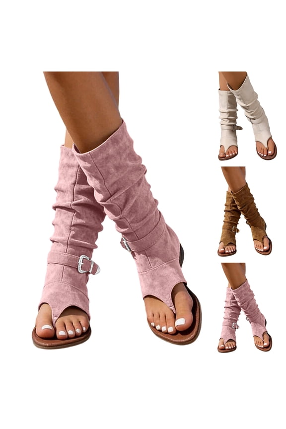 Retro Sandals Women Summer Gladiator Knee High Bohemian Flat Beach Shoes Suede T Strap Open Toe Low Wedges Flip Flops Brown Size 8