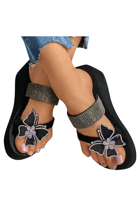 Rhinestone Platform Sandals for Women Glitter Butterfly Wedge Flip Flops Summer Walking Shoes