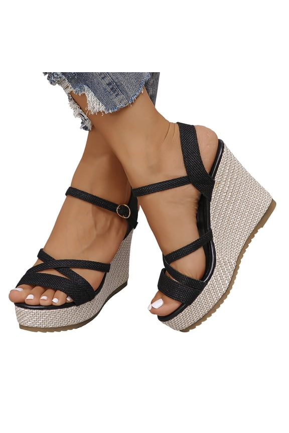 Sandals for Women 2026 Comfortable Wedge Platform Dressy Shoes Braided Espadrilles Summer Sandal with Ankle Strap Size 6-9 Black
