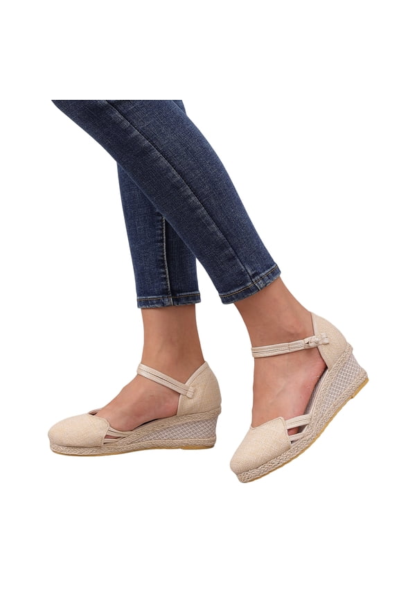 Sandals for Women Closed Toe Platform Wedge Espadrilles Summer Slip on Ankle Strap Lightweight Dressy Casual Walking Shoes Beige Size 6.5