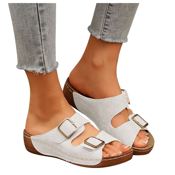 Dakaela Sandals for Women Double Buckles Slip on Wedge Shoes Comfortable Summer Dressy Sandal Orthopedic Platform Walking Slides White Size 9.5