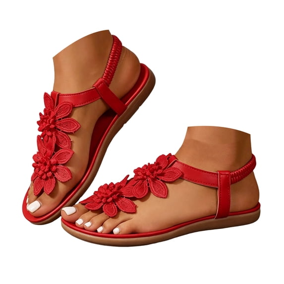 Dakaela Sandals for Women Flat Dressy Summer Flower Sandal with Ankle Strap Arch Support Comfortable Casual Walking Flats Shoes (7,Red)