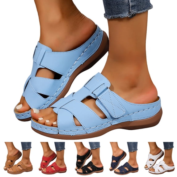 Dakaela Sandals for Women with Comfortable Arch Support Summer Beach Orthotic Slippers Low Wedge Slip on Walking Shoes Indoor Outdoor Blue 6