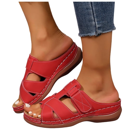 Dakaela Sandals for Women with Comfortable Arch Support Summer Beach Orthotic Slippers Low Wedge Slip on Walking Shoes Indoor Outdoor Red 6