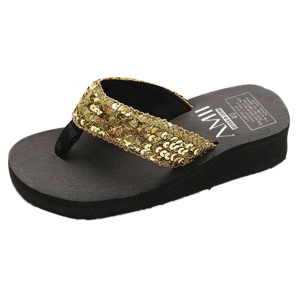Dakaela Sequin Wedge Flip Flops for Women Trendy Summer Beach Platform ...