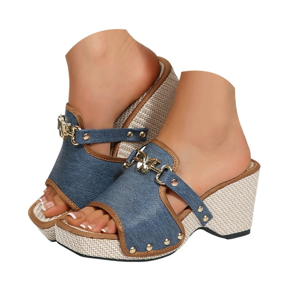 Dakaela Slide Sandals for Women 2025 Square Open Toe Wedge Platform Walking Shoes Blue 7.5