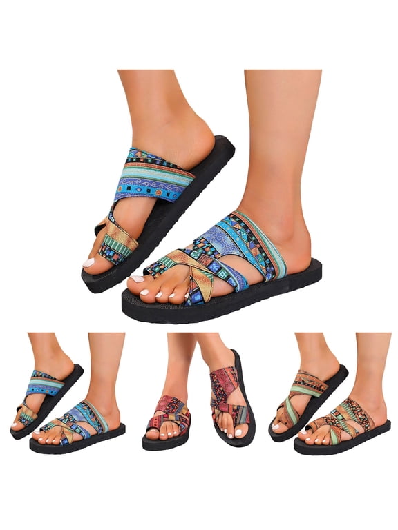 Slide Sandals for Women Bohemian Toe Ring Flat Gladiator Flip Flops Hollow out Open Toe Summer Slippers for Beach Vacation (Blue,6)