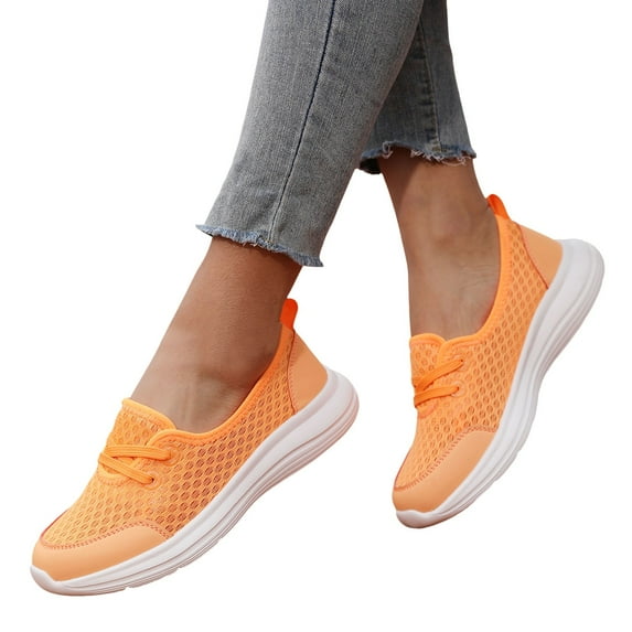 Dakaela Slip on Orthopedic Sneakers Women Breathable Mesh Knitted Woven Low Top Walking Shoes Orange 7.5
