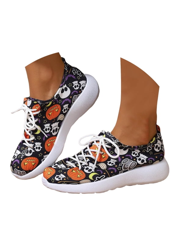 Slip on Walking Shoes for Women Pumpkin Halloween Lightweight Casual Running Sneakers Black 6