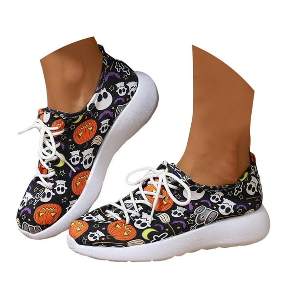 Dakaela Slip on Walking Shoes for Women Pumpkin Halloween Lightweight Casual Running Sneakers Black 8