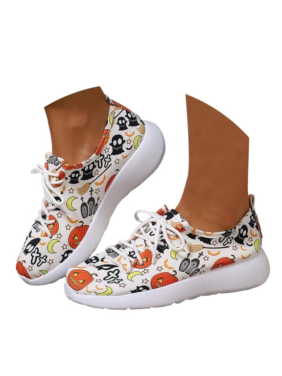 Slip on Walking Shoes for Women Pumpkin Halloween Lightweight Casual Running Sneakers White 6.5