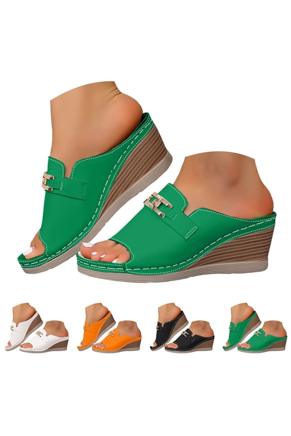 Slip on Wedge Sandals for Women Leather Open Toe Platform Summer Beach Slides Espadrilles Comfortable Dressy Sandal Mules Size 6-10 Black