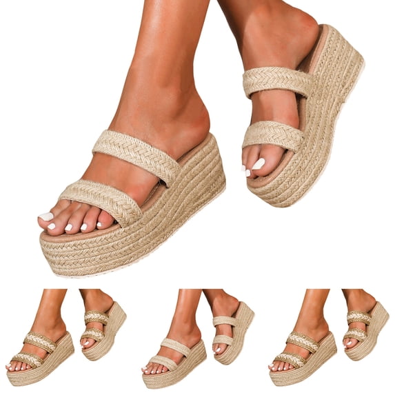Dakaela Slip on Wedge Sandals for Women Open Toe Wide Width Platform Espadrilles Two Strap High Heel Beach Summer Slide Shoes Beige 6.5