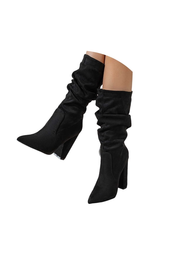 Slouch Mid Calf Boots for Women Chunky High Heel Ankle Booties Pull on Dressy Pumps Shoes