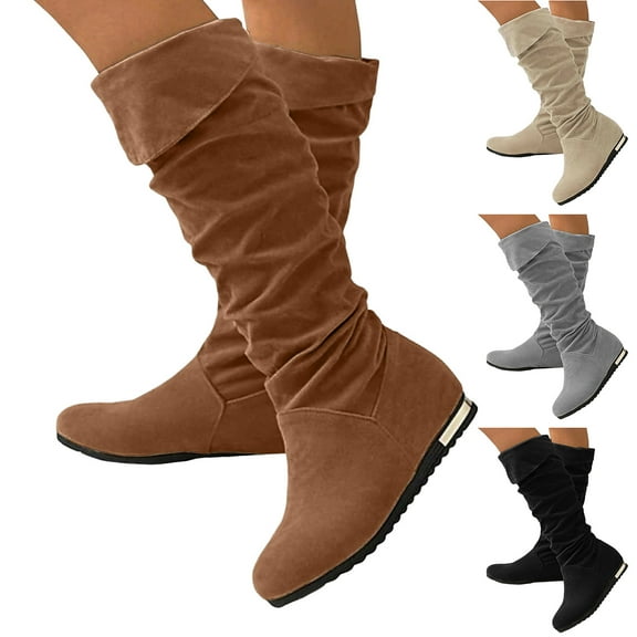 Dakaela Slouchy Knee High Boots Women Suede Western Riding Tall Boots Hidden Wedge Fall Winter Dress Wide Calf Booties
