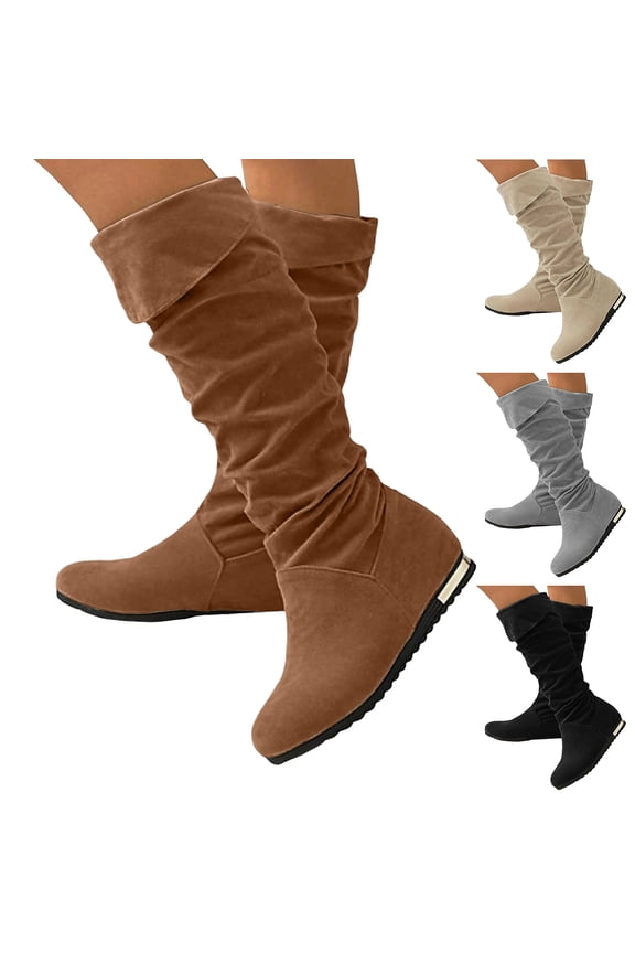 Slouchy Knee High Boots Women Suede Western Riding Tall Boots Hidden Wedge Fall Winter Dress Wide Calf Booties