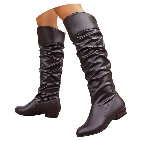 Dakaela Slouchy Knee High Boots for Women Faux Leather Block Heel Pull‑On Ruched Tall Fashion Dress Boots for Fall Winter Daily Party Street Wear