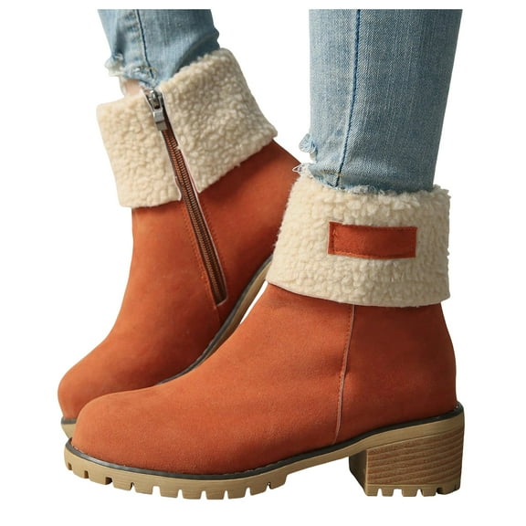 Dakaela Snow Ankle Boots for Women Chunky Heel Slip on Winter Booties Comfortable Outdoor Work Shoes