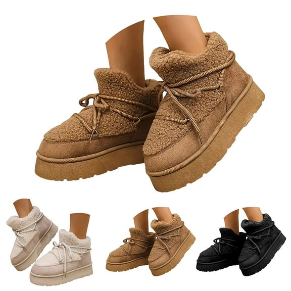 Dakaela Snow Boots for Women Platform Lace up Short Ankle Booties Round Toe Outdoor Walking Winter Shoes