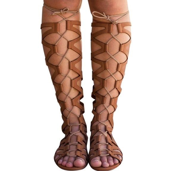 Dakaela Strappy Sandals for Women Gladiator Summer Beach Flats Lace up Knee High Roman Walking Shoes