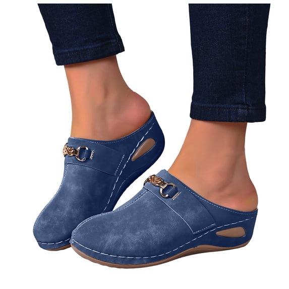 Dakaela Suede Closed Toe Clogs Women Arch Support Wedge Slip on Mules Orthopedic Backless Walking Shoes Indoor Outdoor (Blue,6)
