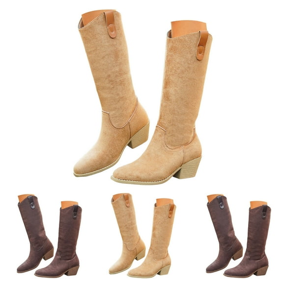 Dakaela Suede Cowboy Boots for Women Western Cowgirl Knee High Boots Pull on Winter Country Dress Shoes Brown 6
