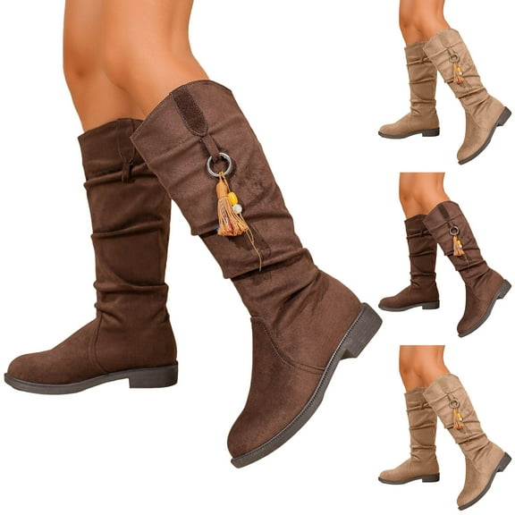 Dakaela Suede Knee High Boots Women Chunky Low Heel Slouch Riding Boots Wide Calf Western Cowboy Cowgirl Boot Brown 6.5