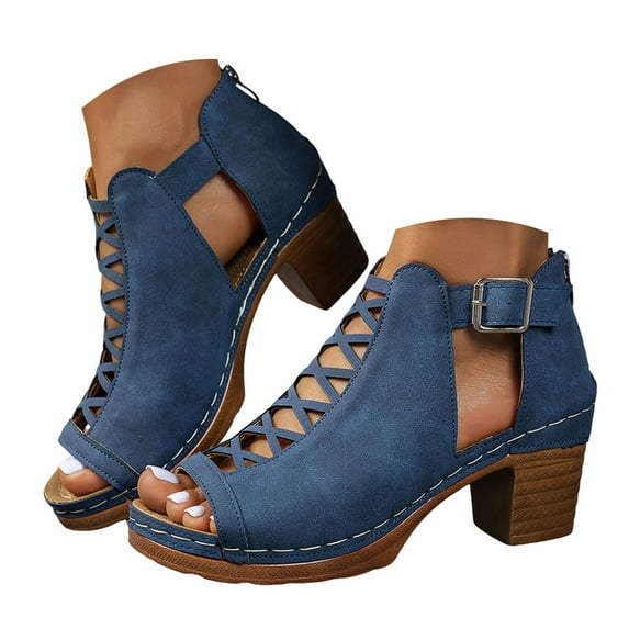 Dakaela Summer Sandals for Women 2025 Open Toe Dressy Chunky Heels Zipper Back Slip on Shoes Blue 6