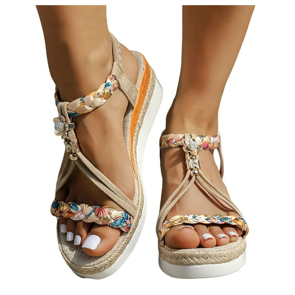 Dakaela Summer Sandals for Women 2026 Braided Open Toe Summer Beach Slides Espadrilles Bohemian Wedge Platform Slip on Shoes Khaki 6