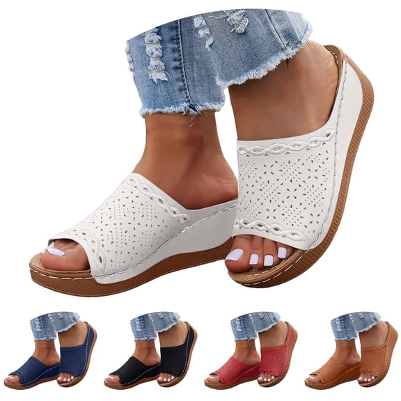 Dakaela Summer Sandals for Women 2026 Platform Wedge Slip on Slides Open Toe Orthopedic Slippers Arch Support Beach Walking Shoes Black 6