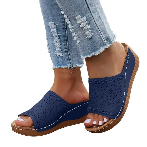 Dakaela Summer Sandals for Women 2026 Platform Wedge Slip on Slides Open Toe Orthopedic Slippers Arch Support Beach Walking Shoes Blue 9.5