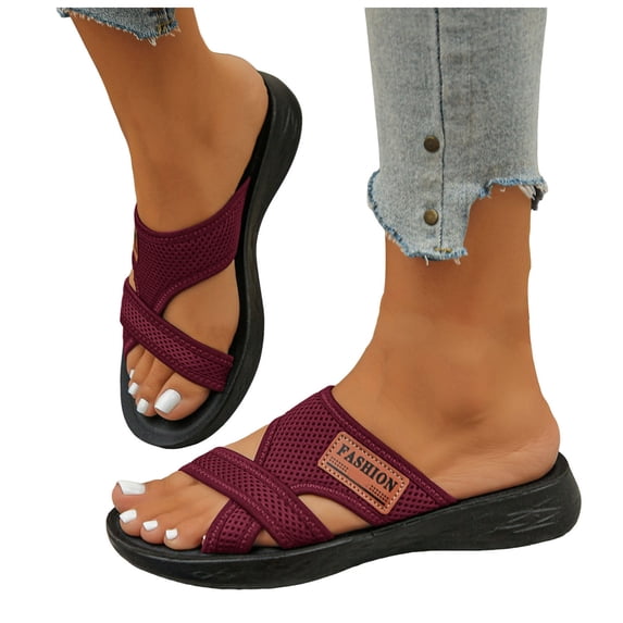 Dakaela Summer Sandals for Women 2026 with Arch Support Orthopedic Slip on Slides Ladies Comfortable Summer Beach Casual Slippers Wine Size 9.5