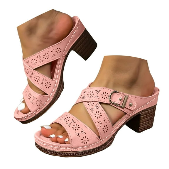 Dakaela Summer Sandals for Women Chunky Heel Leather Dress Pumps Arch Support Walking Slide Shoes