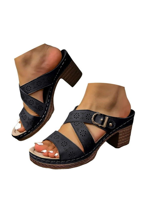 Summer Sandals for Women Chunky Heel Leather Dress Pumps Arch Support Walking Slide Shoes