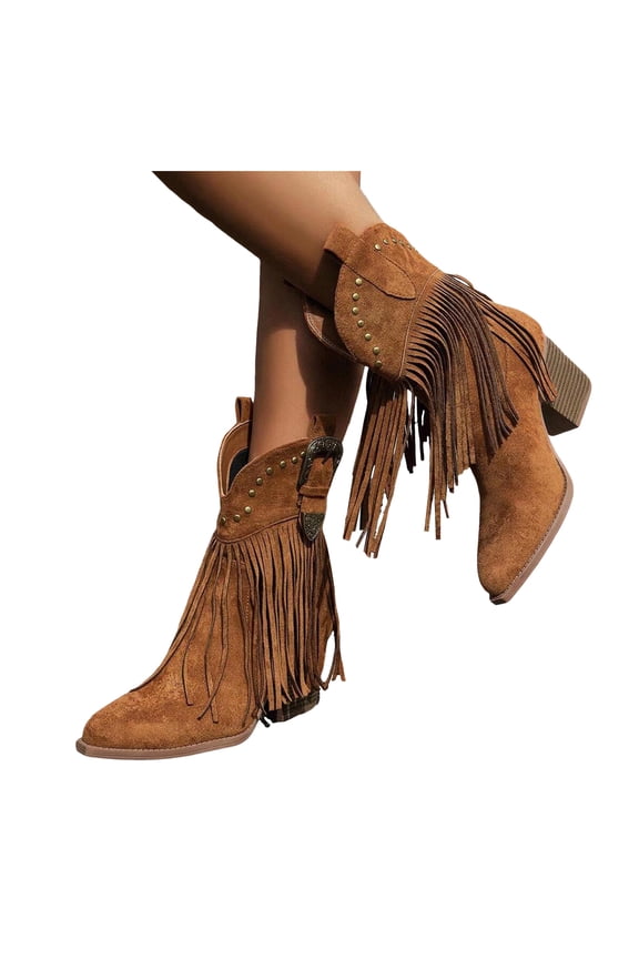 Tassel Ankle Cowboy Boots for Women Fringe Western Cowgirl Booties with Round Toe Chunky Heel