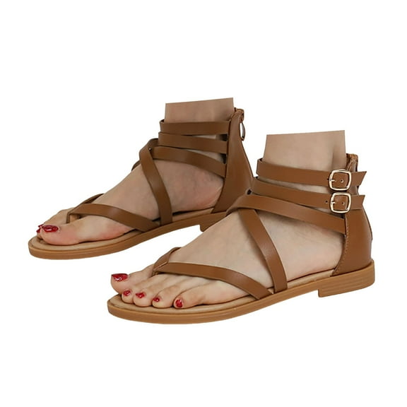 Dakaela Thong Flat Sandals for Women T Strap Dressy Summer Flip Flops Ankle Buckle Strappy Shoes