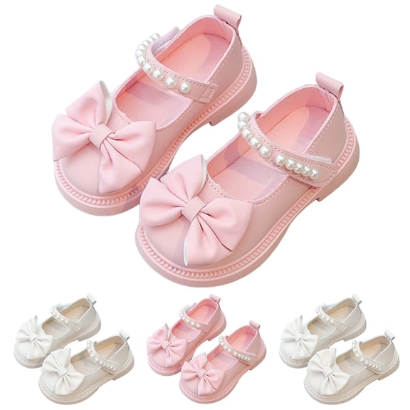 Dakaela Toddler Girl Dress Shoes 12-18 Months Bow School Mary Jane 3T 4T 5T 6T Little Kid Princess Flats Loafers with Pearl Strap Pink Size 5
