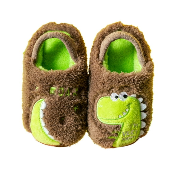 Dakaela Toddler Slippers Boys Girls Soft Plush House Shoes Cute Dinosaur Indoor Winter Bedroom Slippers with Elastic Back Strap Brown 18-24 Months
