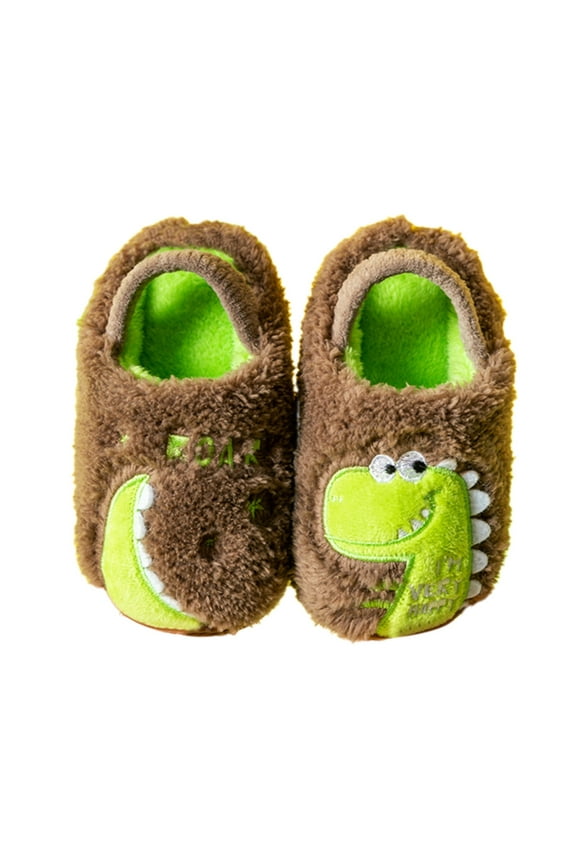 Toddler Slippers Boys Girls Soft Plush House Shoes Cute Dinosaur Indoor Winter Bedroom Slippers with Elastic Back Strap Brown 6-12 Months